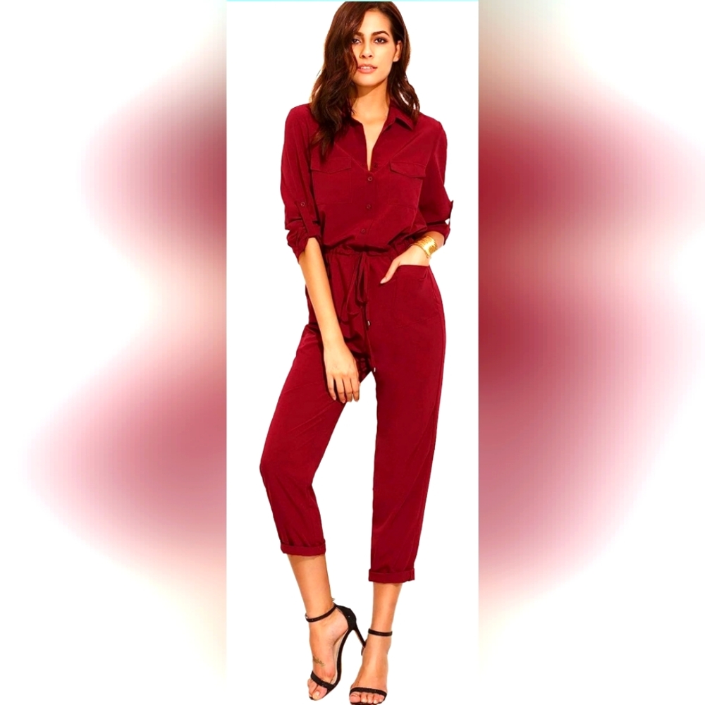 Verdusa Women's Casual Long Sleeve Drawstring Rompers Jumpsuits Burgundy M